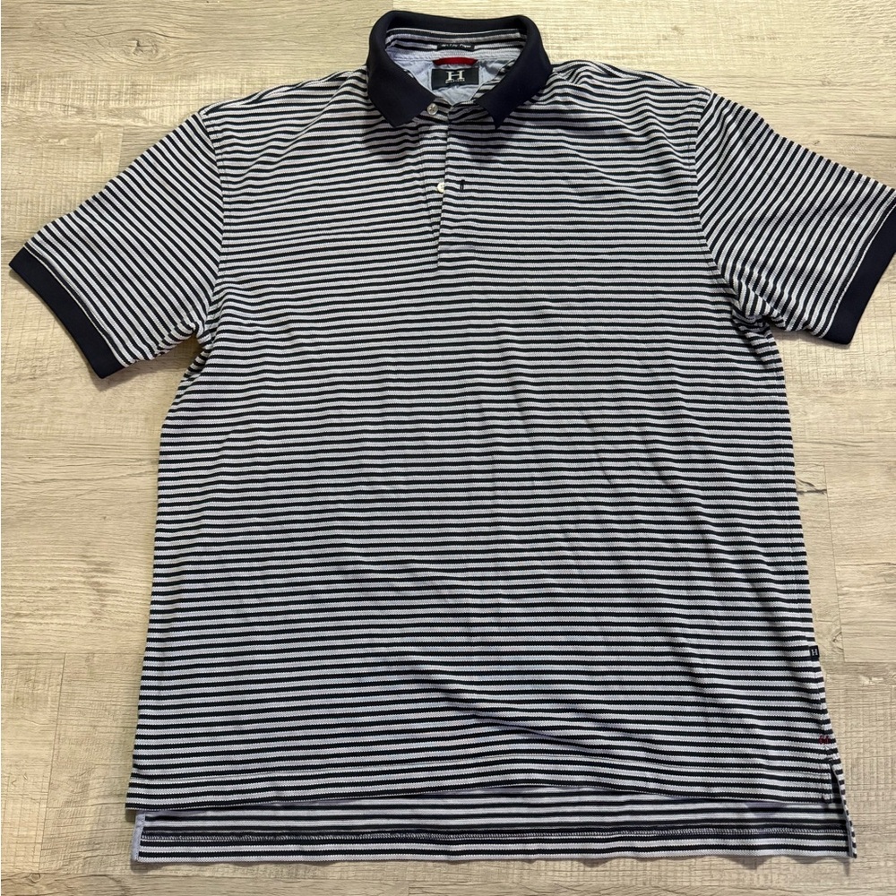 Hilfiger Striped Polo Shirt Men’s Large Navy White 40’s 2 Ply Pique Classic Fit